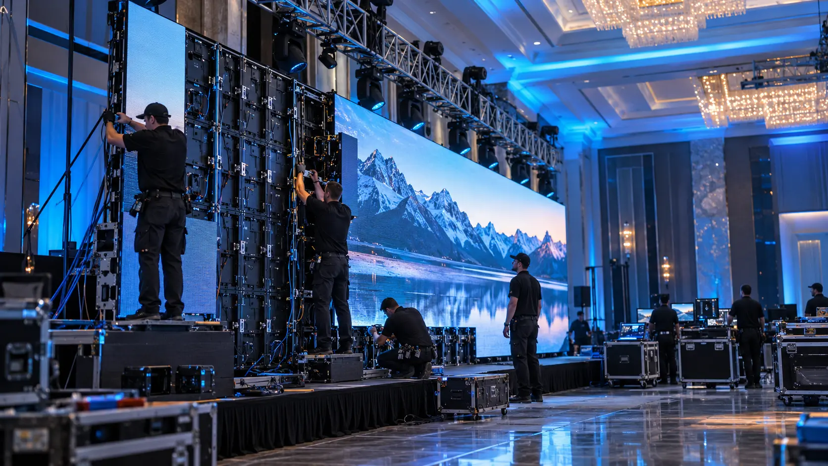 Technicians installing a modular rental LED wall for a conference stage